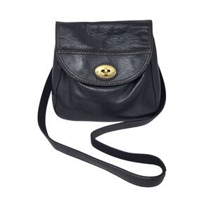 Fossil Vintage Black Leather Flap Crossbody Handbag with Brass Turn Lock